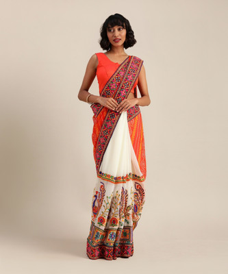SERONA FABRICS Embroidered, Self Design, Printed Bandhani Georgette Saree(Orange, White)