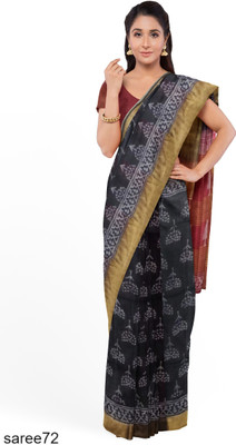 ASHMITAS COLLECTION Printed Hand Batik Tussar Silk Saree(Black)