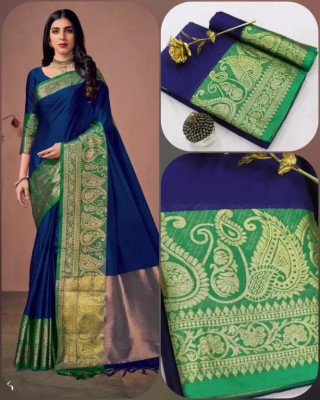 Nilkanthvarni Creation Self Design Bollywood Cotton Silk Saree(Blue)