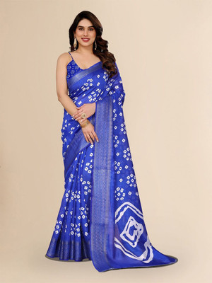 Moda Rapido Printed Bandhani Cotton Blend Saree(Blue)