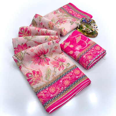 SDGRATITUDE Printed Banarasi Linen, Cotton Linen Saree(Pink)