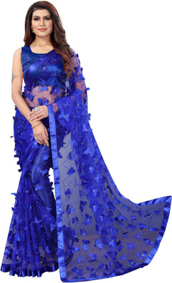 KV Fashion Applique Bollywood Net Saree(Dark Blue)