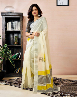 Tasrika Floral Print, Geometric Print, Printed Daily Wear Chanderi, Cotton Linen Saree(White)