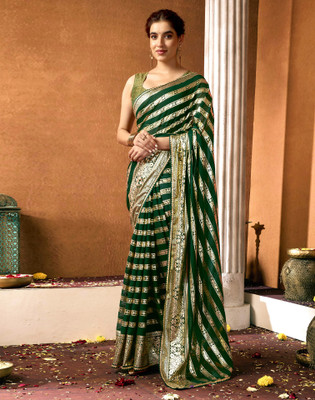 Samah Printed, Temple Border, Embellished Bollywood Georgette Saree(Green)
