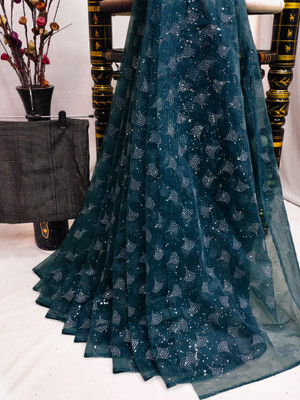 Crally Embellished Bollywood Net Saree(Dark Green)