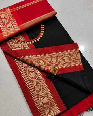 sdn Self Design Tant Pure Cotton Saree(Black, Red)
