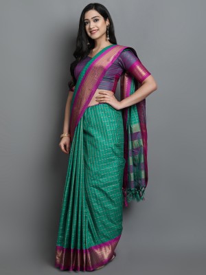 valida Striped Dharmavaram Cotton Silk Saree(Green)