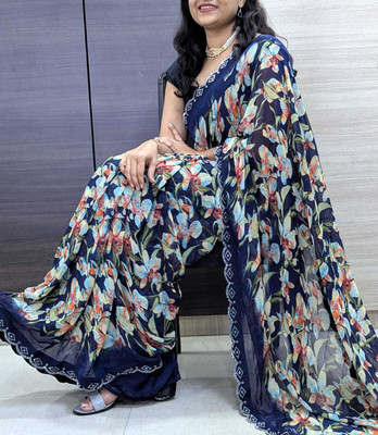 VD PRINTS Printed Pochampally Georgette Saree(Blue)