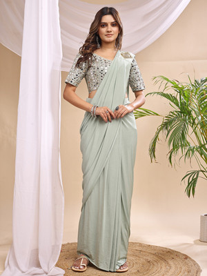 VRAJTEX FAB Solid/Plain Bollywood Lycra Saree(Green)