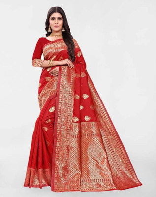 HouseOfCommon Self Design Tant Handloom Cotton Blend Saree(Red)