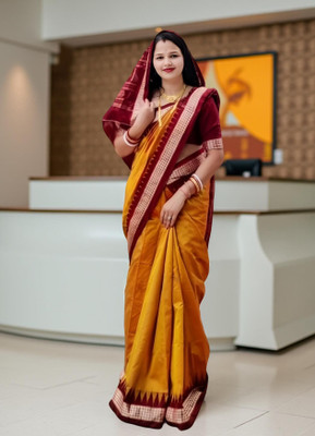 Afronza Woven Sambalpuri Silk Blend, Pure Silk Saree(Red, Yellow)