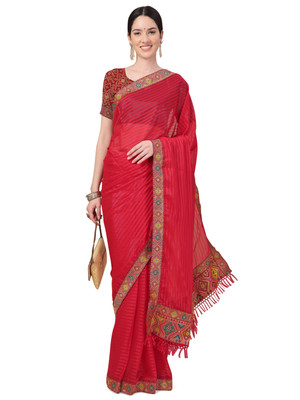 RekhaManiyar Striped Banarasi Art Silk Saree(Red)