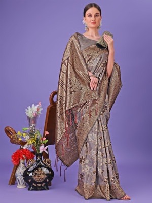 Tasrika Woven Kanjivaram Cotton Silk Saree(Grey)