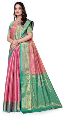 FABFIZA Solid/Plain Banarasi Chiffon, Silk Blend Saree(Pink, Green)