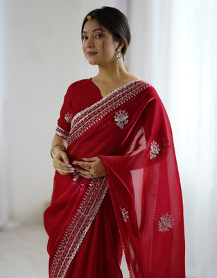 Satrani Embellished, Embroidered Bollywood Tissue Saree(Red)