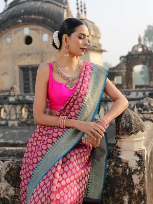 pavanputra fab Printed Banarasi Jacquard Saree(Pink)