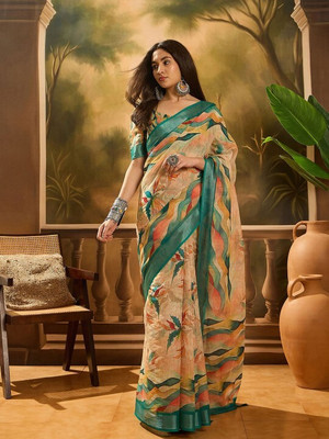 LAXMIPATI FASHION HUB Printed Saree with Attached Blouse Cotton Linen Saree(Multicolor)
