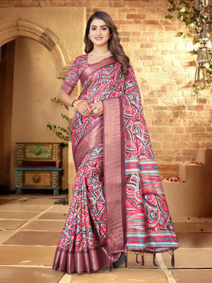 DRIZOMIZ Digital Print Bollywood Cotton Silk Saree(Multicolor)