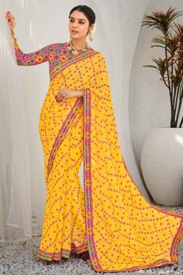 Laxmipati Sarees Printed Bollywood Brasso Saree(Yellow)