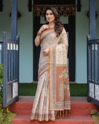 DHAYNAAND REEWA FASHION Digital Print Kalamkari Linen Saree(Beige)