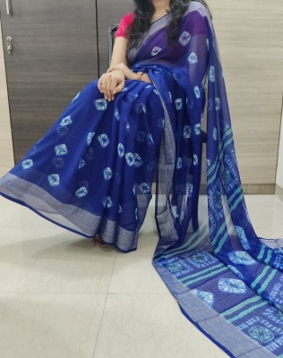 VD PRINTS Printed Handloom Chiffon Saree(Dark Blue)