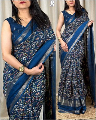 Mitu Enterprise Printed Bollywood Pure Silk Saree(Dark Blue)