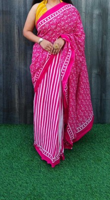 vaishnavi handicrafts Blocked Printed, Color Block, Floral Print, Printed Daily Wear Pure Cotton Saree(Pink, White)