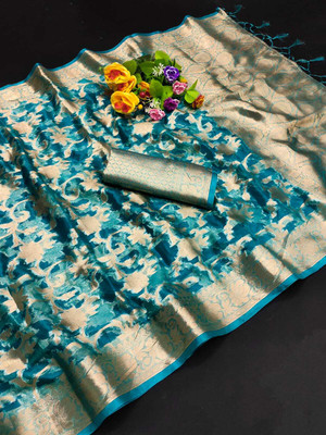 Divastri Self Design, Woven Banarasi Organza, Pure Silk Saree(Blue)