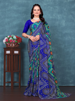 Anmi Printed Bandhani Georgette Saree(Pack of 2, Blue)