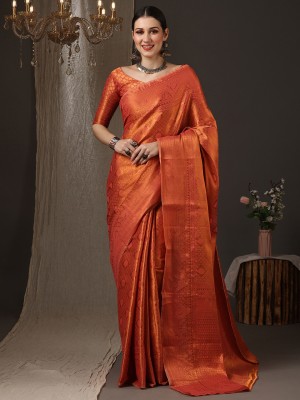 Sareemall Woven Kanjivaram Silk Blend Saree(Orange)