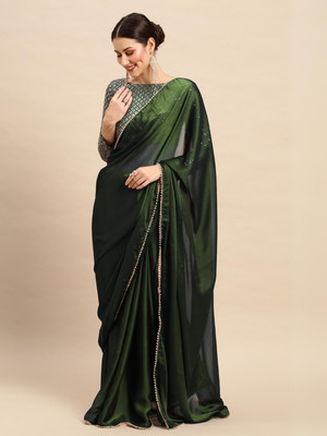 Clemira Solid/Plain Bollywood Silk Blend Saree(Green)