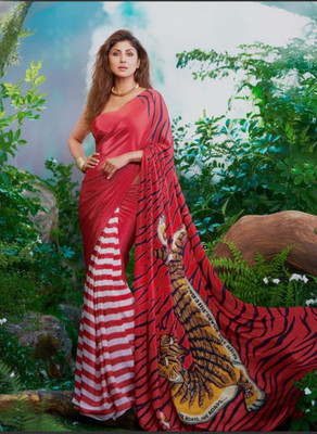 Pionex Animal Print, Striped, Printed, Color Block Bollywood Pure Silk, Crepe Saree(Red)