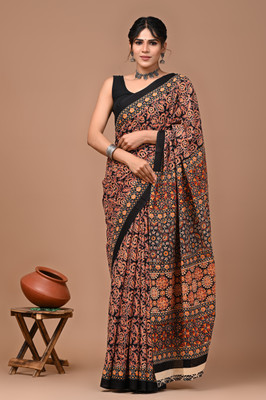 Threadier Blocked Printed Saree with Attached Blouse Pure Cotton Saree(Multicolor)