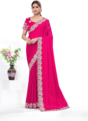 Manubaa Ethenic Wear Embroidered, Floral Print Bollywood Chiffon Saree(Pink)
