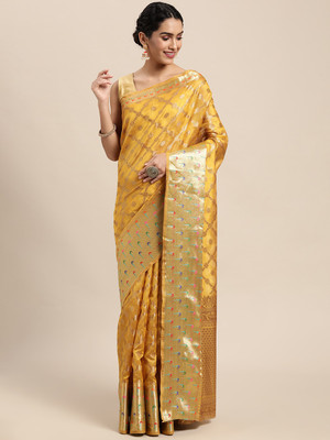 Blissta Checkered Kanjivaram Organza Saree(Mustard)