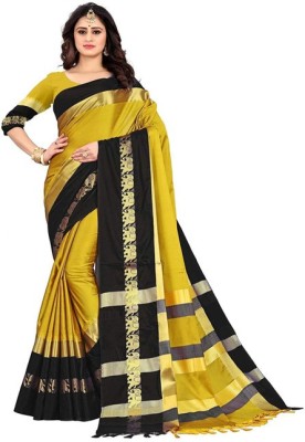 Vishal Creations Woven, Animal Print Dharmavaram Cotton Silk Saree(Mustard)