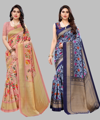 Priyashi Printed Mysore Art Silk Saree(Pack of 2, Orange)