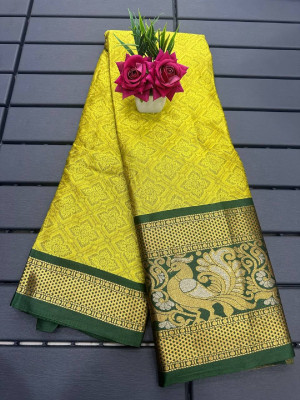 Julee Solid/Plain Banarasi Pure Silk Saree(Yellow)
