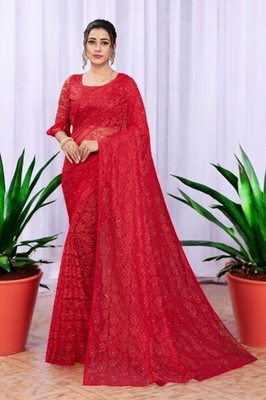 NORAFLEX Embroidered Bollywood Net Saree(Red)