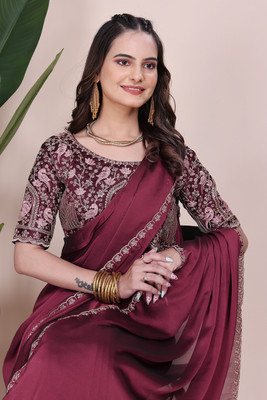 K 5 FASHION Embroidered Bollywood Chiffon Saree(Maroon)