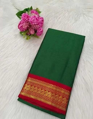 Bieth Solid/Plain, Woven, Temple Border, Paisley Dharmavaram Cotton Silk Saree(Dark Green)