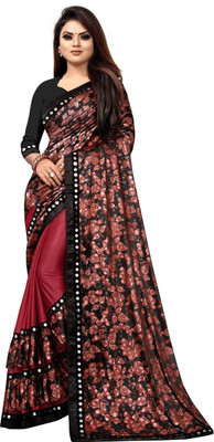3SIX5 Embellished Bollywood Lycra Blend Saree(Red)