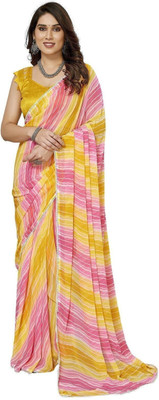 RAJESHWAR FASHION Striped, Printed Leheria Georgette Saree(Yellow)
