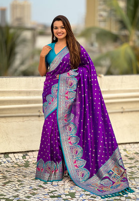 all about you Embroidered Baluchari Silk Blend Saree(Purple)