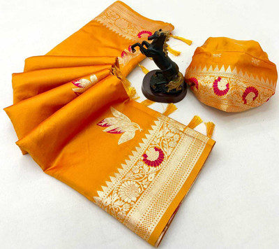 Sonal Woven, Embroidered, Floral Print, Self Design Bollywood Pure Silk Saree(Orange)