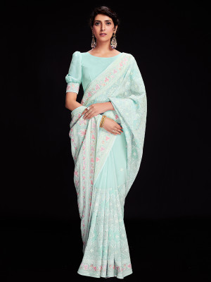 odette Embellished Saree with Attached Blouse Georgette Saree(Light Blue)