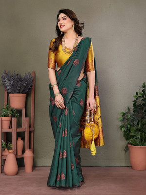 ROOP SUNDARI SAREES Woven Banarasi Jacquard Saree(Dark Green, Mustard)