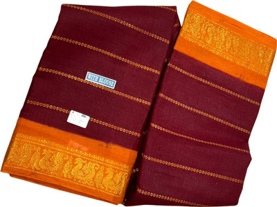 Prabanja Striped, Woven, Floral Print, Self Design Handloom Handloom Pure Cotton Saree(Maroon)