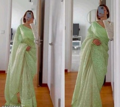 Shypram Embroidered Bollywood Organza Saree(Light Green)