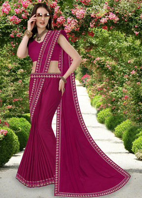 Offirra International Embroidered Banarasi Lycra Blend, Chiffon Saree(Pink)